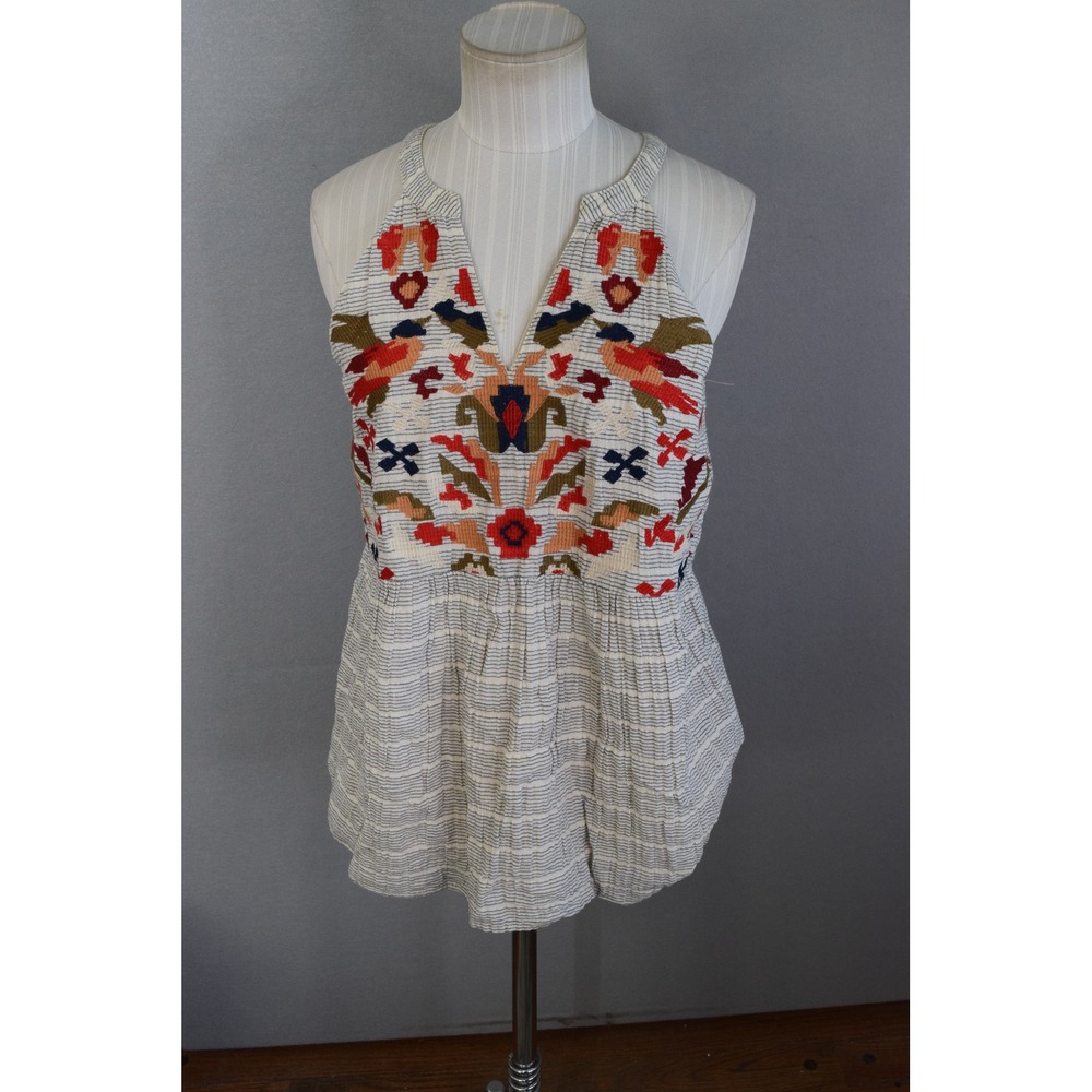 THML Tank Top Small Cream Striped Embroidered Bird Boho Sleeveless Bird Peplum